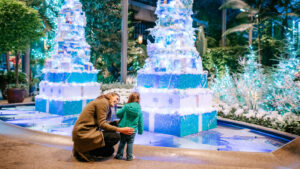 A woman and child enjoy a lighted display at Longwood Gardens in Kennet Square, PA.