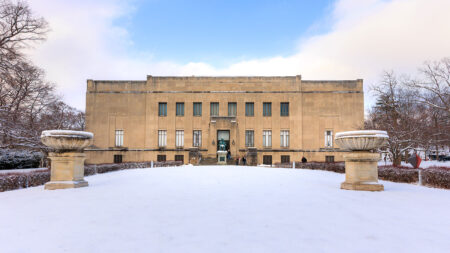 Snow-covered exterior of the Everhart Museum during the winter season in Scranton, PA.