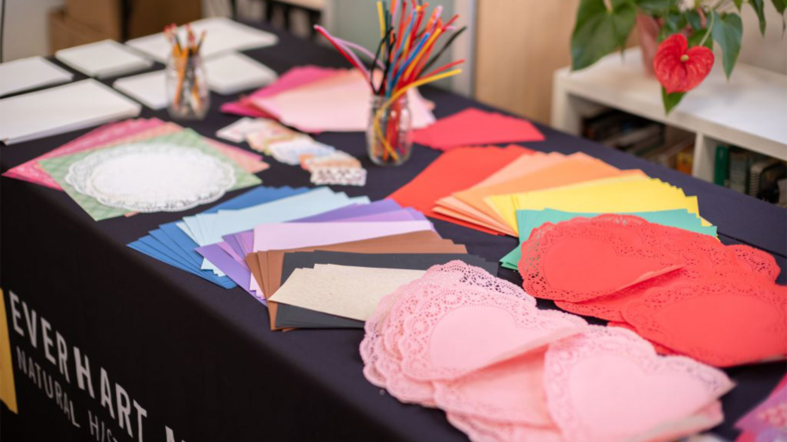 A table covered in a black cloth displays a variety of craft supplies including colorful construction paper, patterned paper, doilies, blank cards and a jar of colorful pencils. The table is set up for a crafting workshop at the Everhart Museum in Scranton, PA.