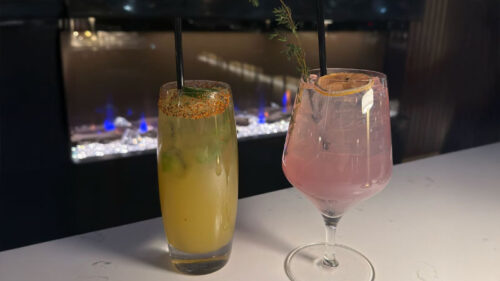 Yellow and purple mocktails on the counter at A'tera 519 in Scranton, PA
