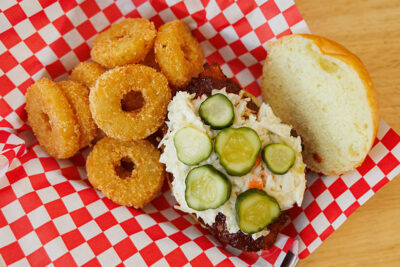 Top view of full dinner basket on table inside the Winter Garden restaurant at Elk Mountain in Union Dale, PA.