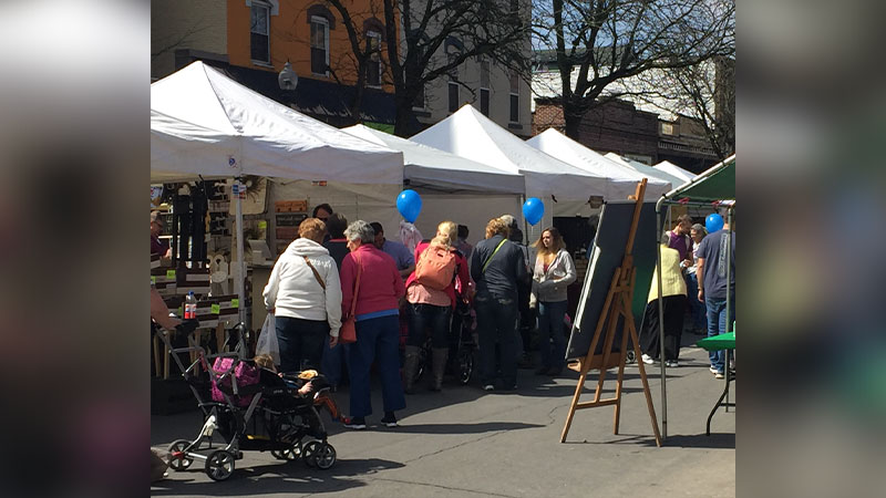 Tents lined up on the street at the Renaissance Jamboree in Bloomsburg, PA.