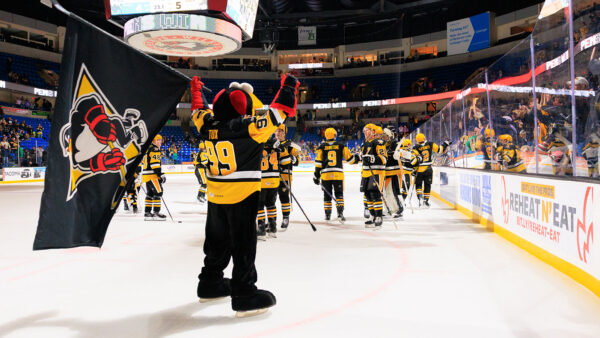 Tux the Penguin cheers on the Wilkes-Barre / Scranton Penguins, the AHL minor-league affiliate for the NHL's Pittsburgh Penguins, on home ice at the Mohegan Arena in Wilkes-Barre, PA.