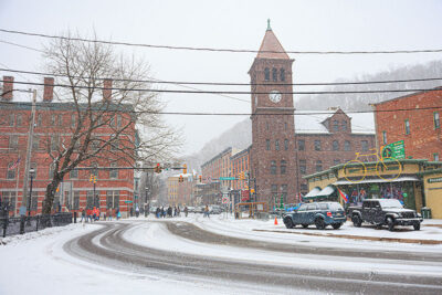 A snowy scene looking down Broadway during Winterfest in Jim Thorpe, PA