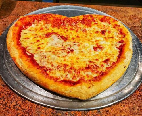 Heart shaped pizza from Kay’s Italian Restaurant and Pizzeria in Moscow, PA.