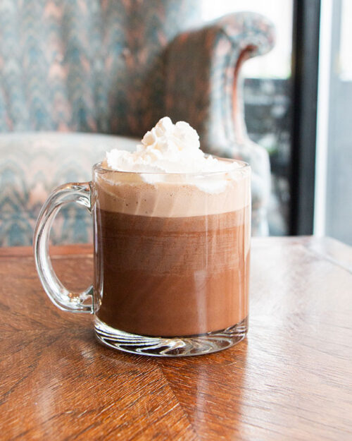 A cup of hot chocolate with whipped cream at Abide Coffeehouse in Wilkes-Barre, PA.