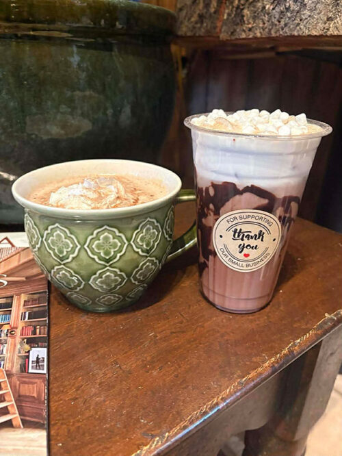 Hot and Iced chocolate lattes with whipped cream and chocolate drizzle at J&L Coffee House in Jenkins Twp., PA.