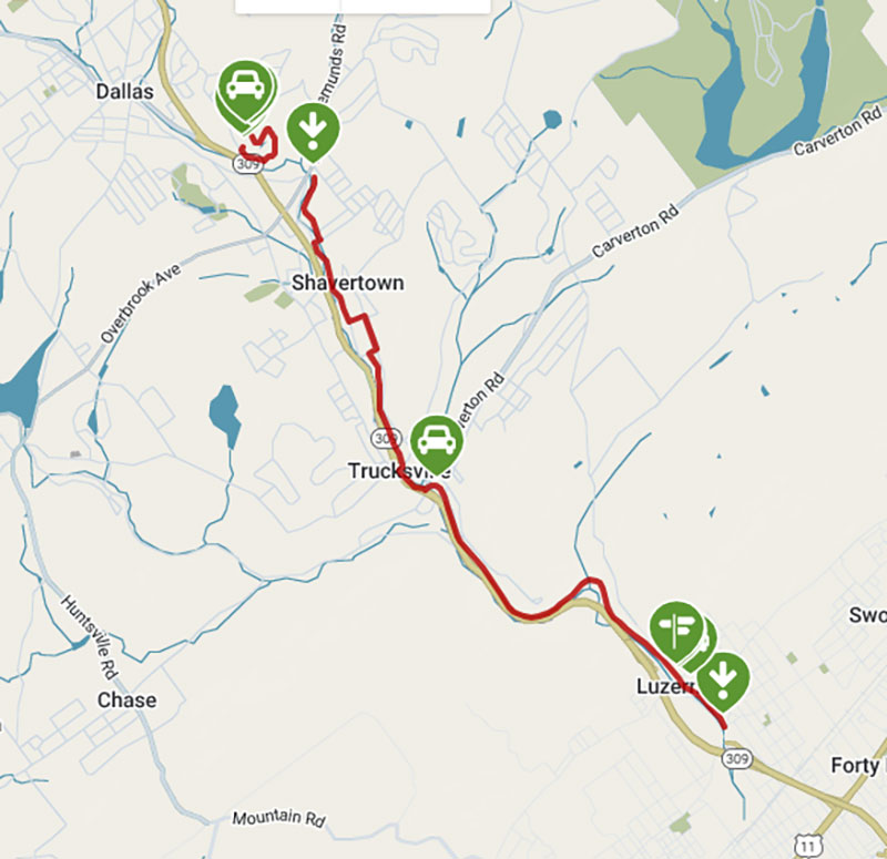 A map depicting a route along the Back Mountain trail between Luzerne and Dallas, PA.