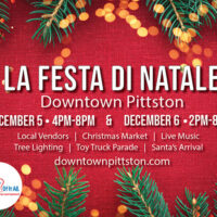Festive red flyer for La Festa di Natale in Downtown Pittston, PA, with evergreen branches and text listing event dates December 5–6, local vendors, a Christmas market, live music, a tree lighting, toy truck parade, and Santa’s arrival.