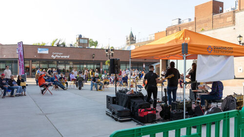 People standing around watching the live music at Soma Pop Up Happy Hour in Wilkes-Barre, PA