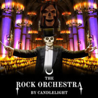 A graphic image for The Rock Orchestra by Candlelight, performing at the Scranton Cultural Center at the Masonic Temple in Scranton, PA, features a skeleton conductor, candles, and skeletons on the walls.