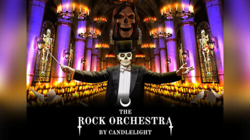 A graphic image for The Rock Orchestra by Candlelight, performing at the Scranton Cultural Center at the Masonic Temple in Scranton, PA, features a skeleton conductor, candles, and skeletons on the walls.