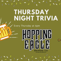 An olive green graphic for Thursday Night Trivia at Hopping Eagle Brewing Co. in Hawley, PA.