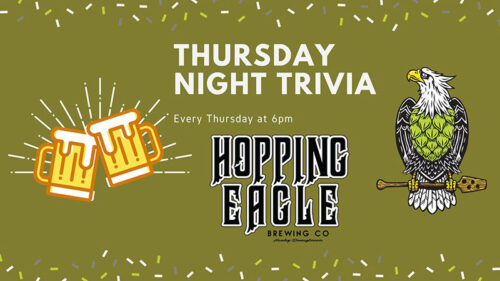 An olive green graphic for Thursday Night Trivia at Hopping Eagle Brewing Co. in Hawley, PA.