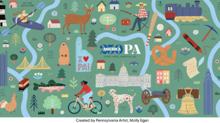 A graphic detailing a cartoon map of Pennsylvania and many of its unique locations.