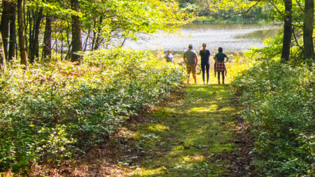 A photo of three people standing near the pond at George and Lillian Picton Wildlife Preserve in Foster Twp., PA.