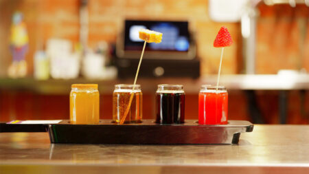 A flight of four beers on the bar at Mutant Brewing in Scranton, PA.