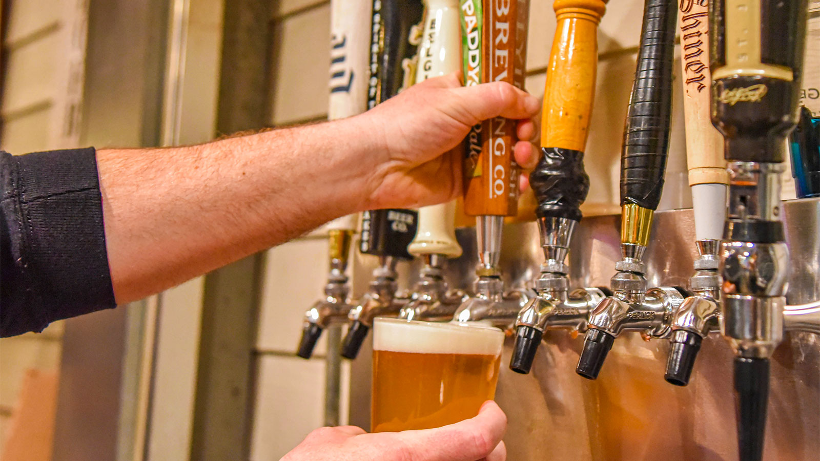 Bartender pouring a pint of the Scranton St. Patrick's Parade beer at Backyard Ale House in Scranton, PA.