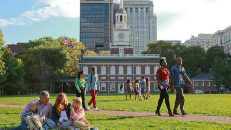 People wondering around the Independence National Historic Park in Philadelphia, PA.