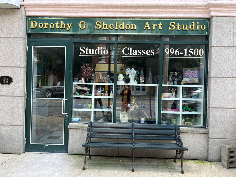 Exterior view of the storefront window at the Dorothy G. Sheldon Art Studio connected to The Dietrich Theater in Tunkhannock, PA.