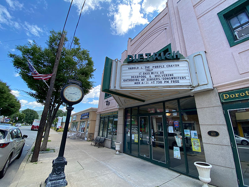An exterior view of the sidewalk and marquis outside The Dietrich theater in Tunkhannock, PA.