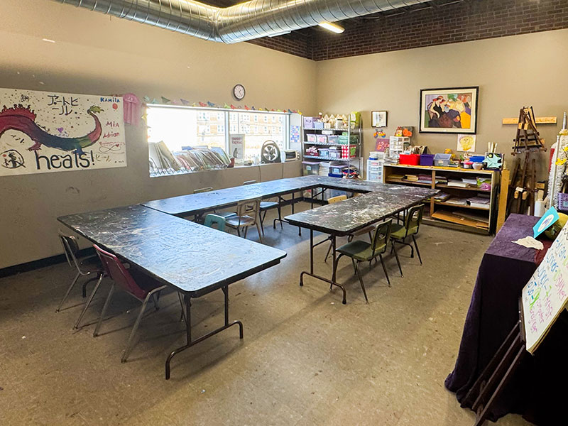 An art room featuring tables, easels and supplies at the Hazleton Art League in Hazleton, PA.