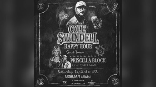 A promotional poster featuring an image of Cole, Priscilla, and Greylan reads: “Cole Swindell, Happy Hour Sad Tour with special guests Priscilla Block and Greylan James. Saturday, September 13, at Mohegan Arena.” in Wilkes-Barre, Twp., PA.