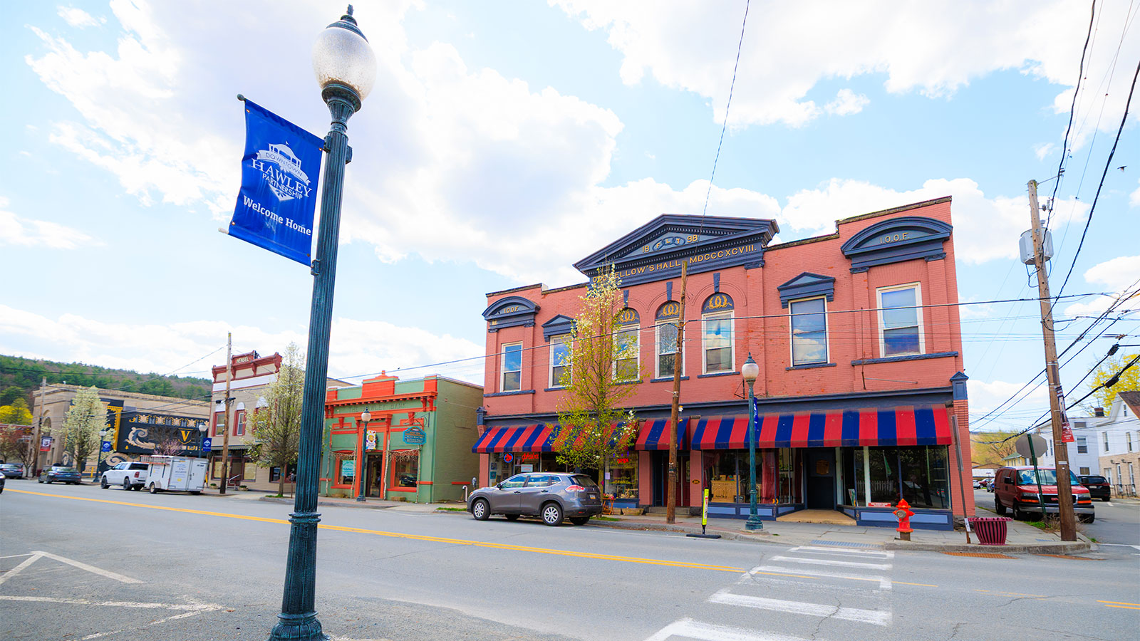 A view of historic buildings along Main Avenue in Hawley, PA.