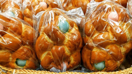 Loaves of challah bread with dyed Easter eggs baked into them from Stroudsmoor Bakery in Stroudsburg, PA.