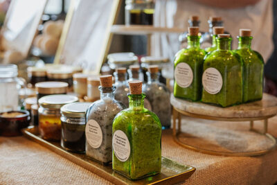 Assorted bath salts in glass bottles on display at Brewfest at Montage Mountain in Scranton, PA.