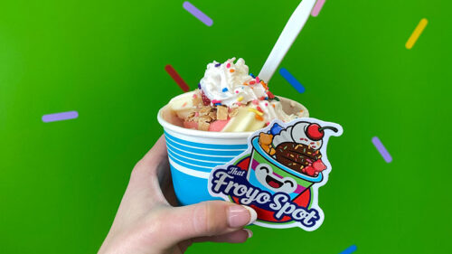 A cup of hand-held froyo with a green background and a That Froyo Spot sticker at That Froyo Spot.