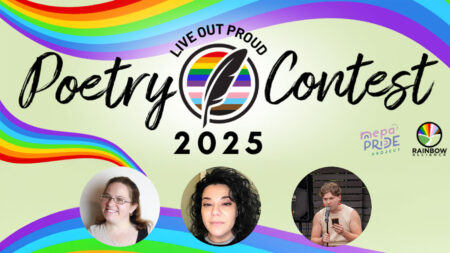 Graphic with green background and rainbow ribbon and three small author headshots. Text reads: 