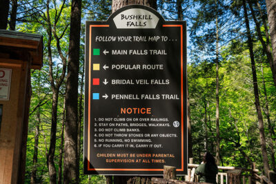The large trail map sign at Bushkill Falls in Bushkill, PA.