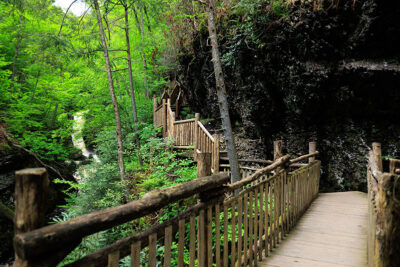 One of the walkways overlooking a waterfall at Bushkill Falls in Bushkill, PA.