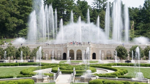 Giant fountains blast streams of water into the air at Longwood Gardens in Kennet Square, PA.
