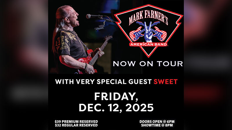 A promotional poster featuring an image of the artist reads: “Mark Farner’s American Band. Now on tour with very special guest Sweet. Friday, December 12, 2025. $39 premium reserved, $32 regular reserved. Doors open at 6 p.m. Showtime at 8 p.m.” The upcoming performance will take place at Penn’s Peak in Jim Thorpe, PA.