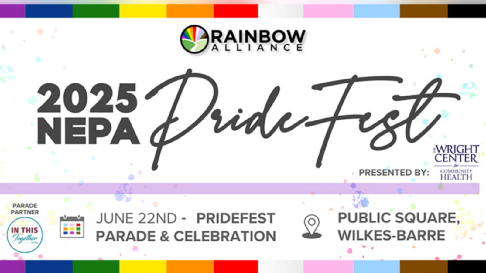 Promotional graphic for NEPA PrideFest in Wilkes-Barre, PA. Text reads: 