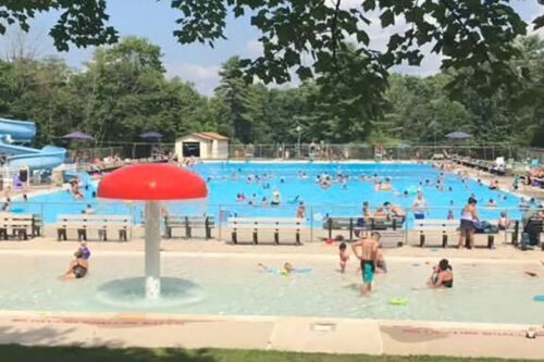 People splashing around in the Palmerton Memorial Park Splash Pad in Palmerton, PA.