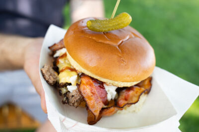 A smash burger from Wicked Foodswith bacon at I Love Bacon Fest in Forty Fort, PA.
