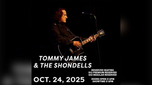 Tommy James and the Shondells promotional image for their concert at Penn’s Peak in Jim Thorpe, showing Tommy James playing guitar with text reading “Tommy James & The Shondells” and showtime details.