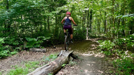 A mountain bike rides over a log at Nockamixon State Park in Quakertown, PA.