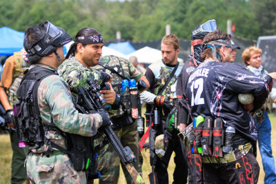 A group of players get ready for the battle during Skirmish Paintball's scenario game, 