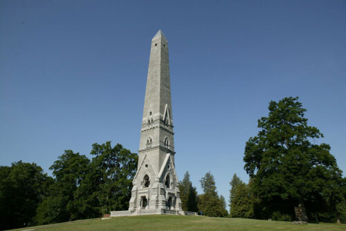 The Saratoga Monument on a hill at Saratoga National Historic Park in Stillwater, NY.