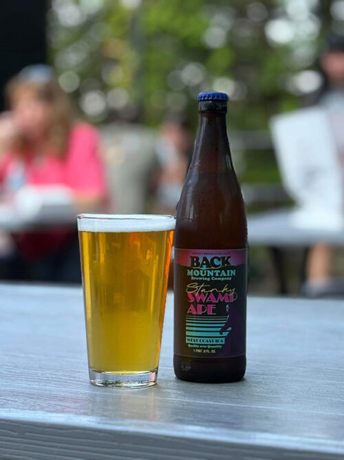 A pint of beer sits next to a bottle on a patio table at Back Mountain Brewing Co. in Dallas, PA.