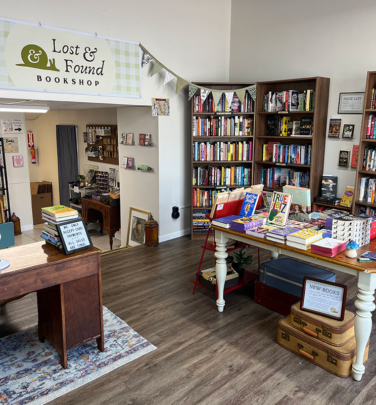 A view of the bookshelves inside Lost & Found Bookshop LLC in Scranton, PA.