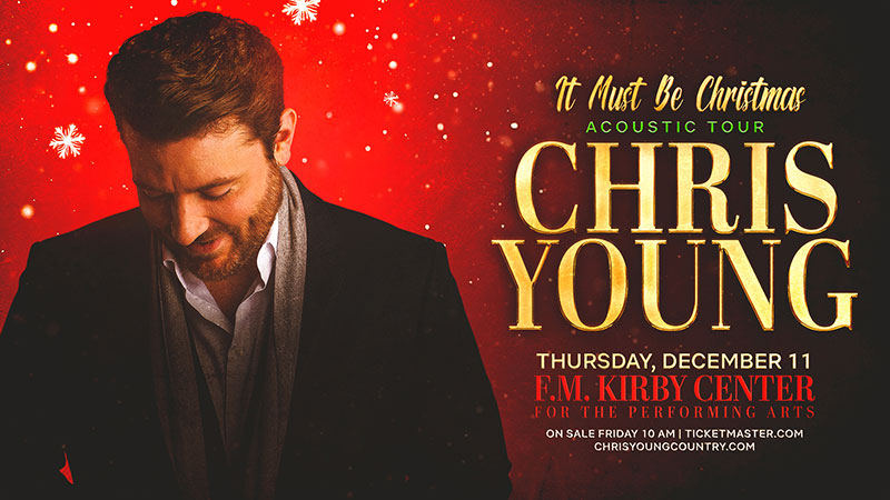 It Must Be Christmas Acoustic Tour poster for Chris Young at the F.M. Kirby Center in Wilkes-Barre, PA, featuring “It Must Be Christmas,” “Thursday, December 11,” and venue text on a red snowy background.
