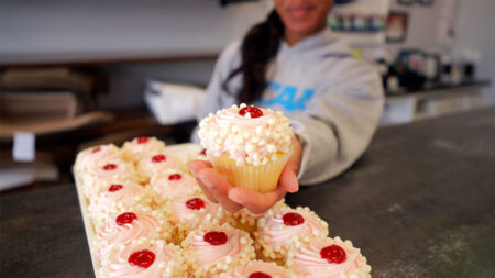 A woman holding out a decorated cupcake from Lynn Sandy's Bakery in Scranton, PA.