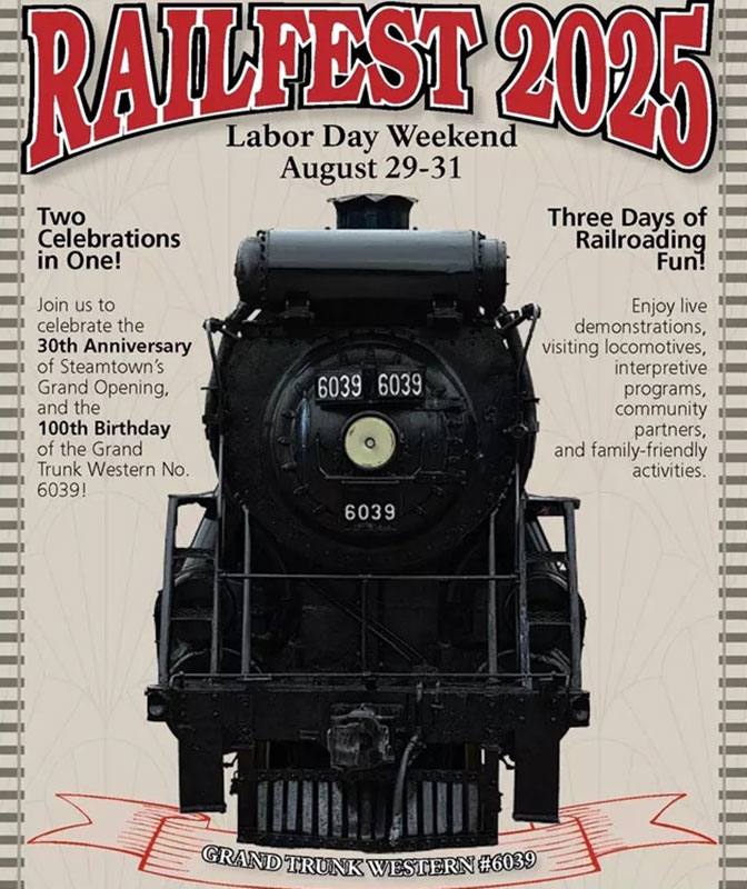 A promotional graphic featuring an image of a steam locomotive for Railfest at Steamtown National Historic Site in Scranton, PA.