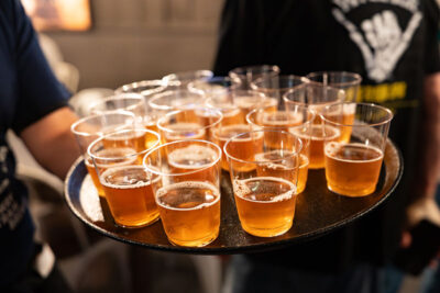 A tray with samplers of Runaway Train Brewery's Declaration Lager