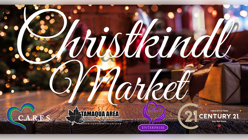 Warm, glowing promotional graphic for the Christkindl Market in Tamaqua, PA, with lights, a Christmas tree, and event logos.